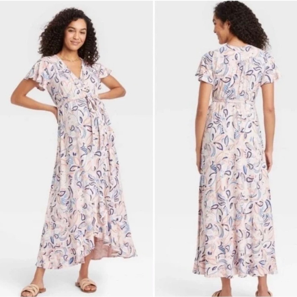 Isabel Maternity Ingrid Faux Wrap Paisley Shower printed flowy Dress NWT L